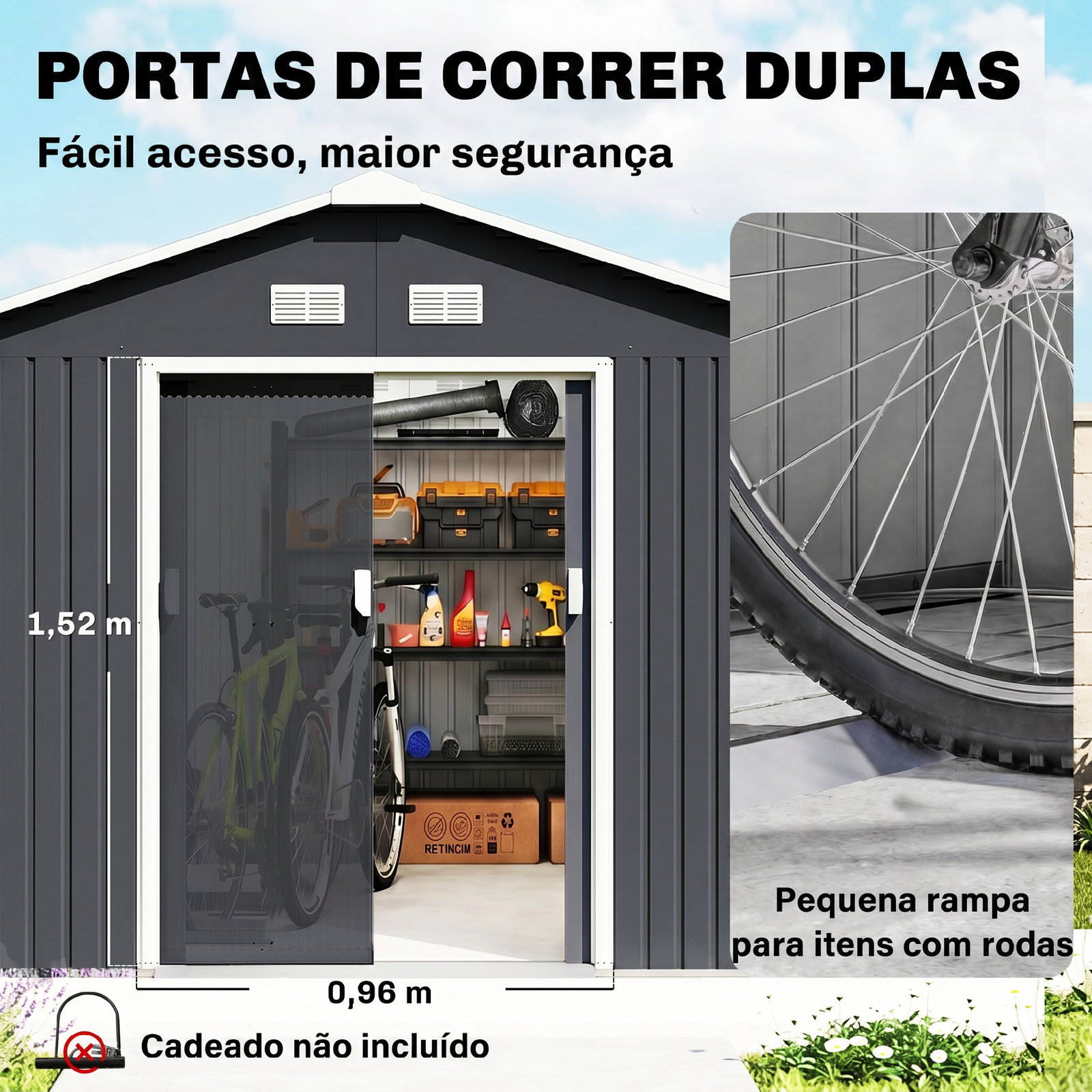 Abrigo de jardim metálico para armazenamento de ferramentas com base de reforço incluída e 4 janelas 277x322x192 cm cinza escuro