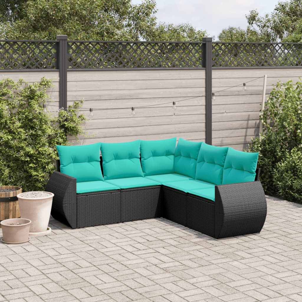 Conjunto de sofá de jardim de 5 peças com almofadas em rattan sintético preto