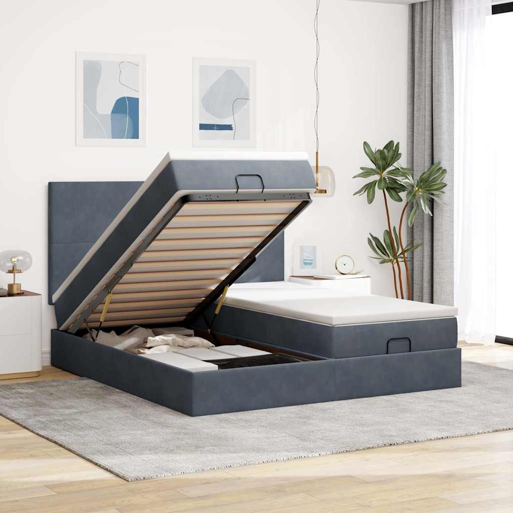 Moldura de cama otomana com colchão cinza escuro veludo