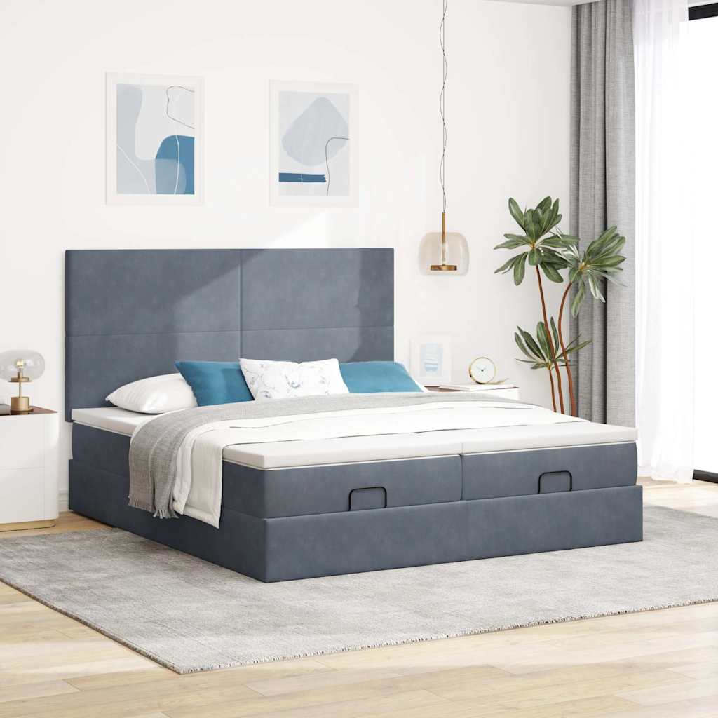 Moldura de cama otomana com colchão cinza escuro veludo