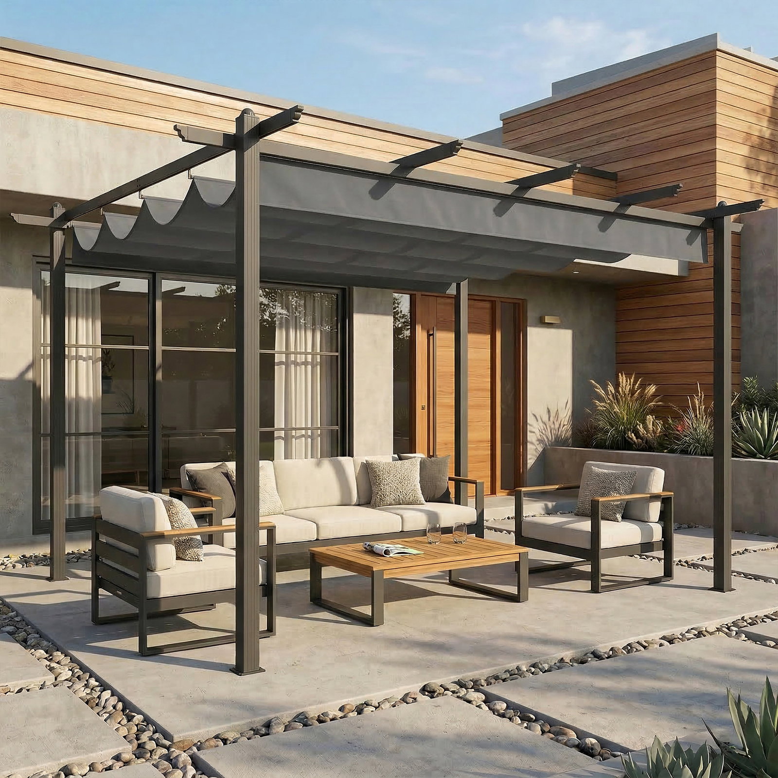 Pérgola de jardim 4x3 m com telhado retrátil estrutura de alumínio upf30+ orifícios de drenagem cinza