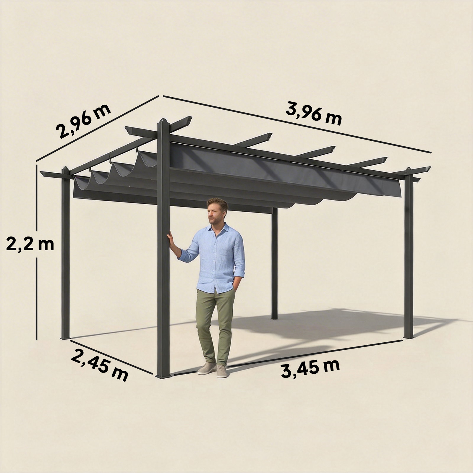 Pérgola de jardim 4x3 m com telhado retrátil estrutura de alumínio upf30+ orifícios de drenagem cinza