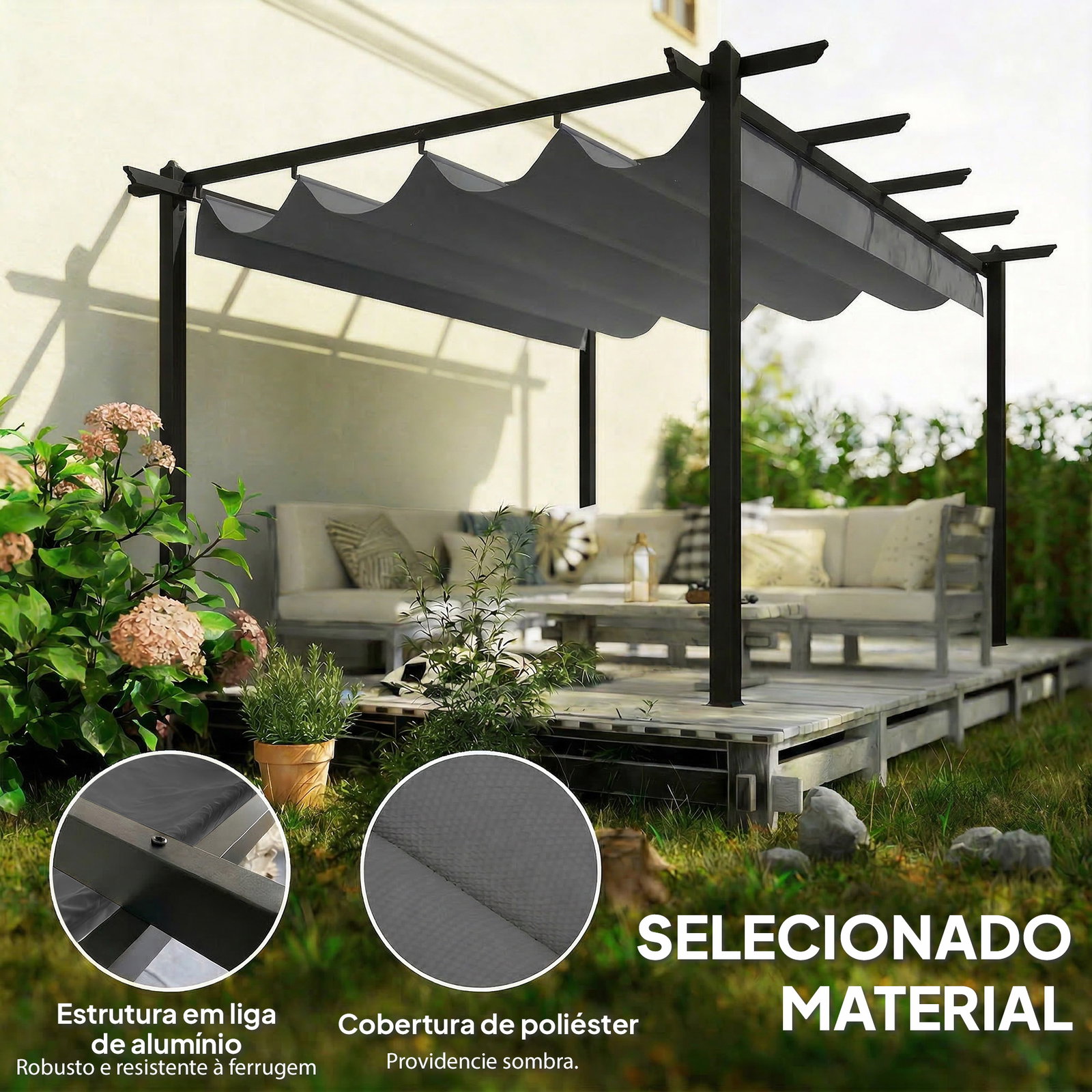 Pérgola de jardim 4x3 m com telhado retrátil estrutura de alumínio upf30+ orifícios de drenagem cinza