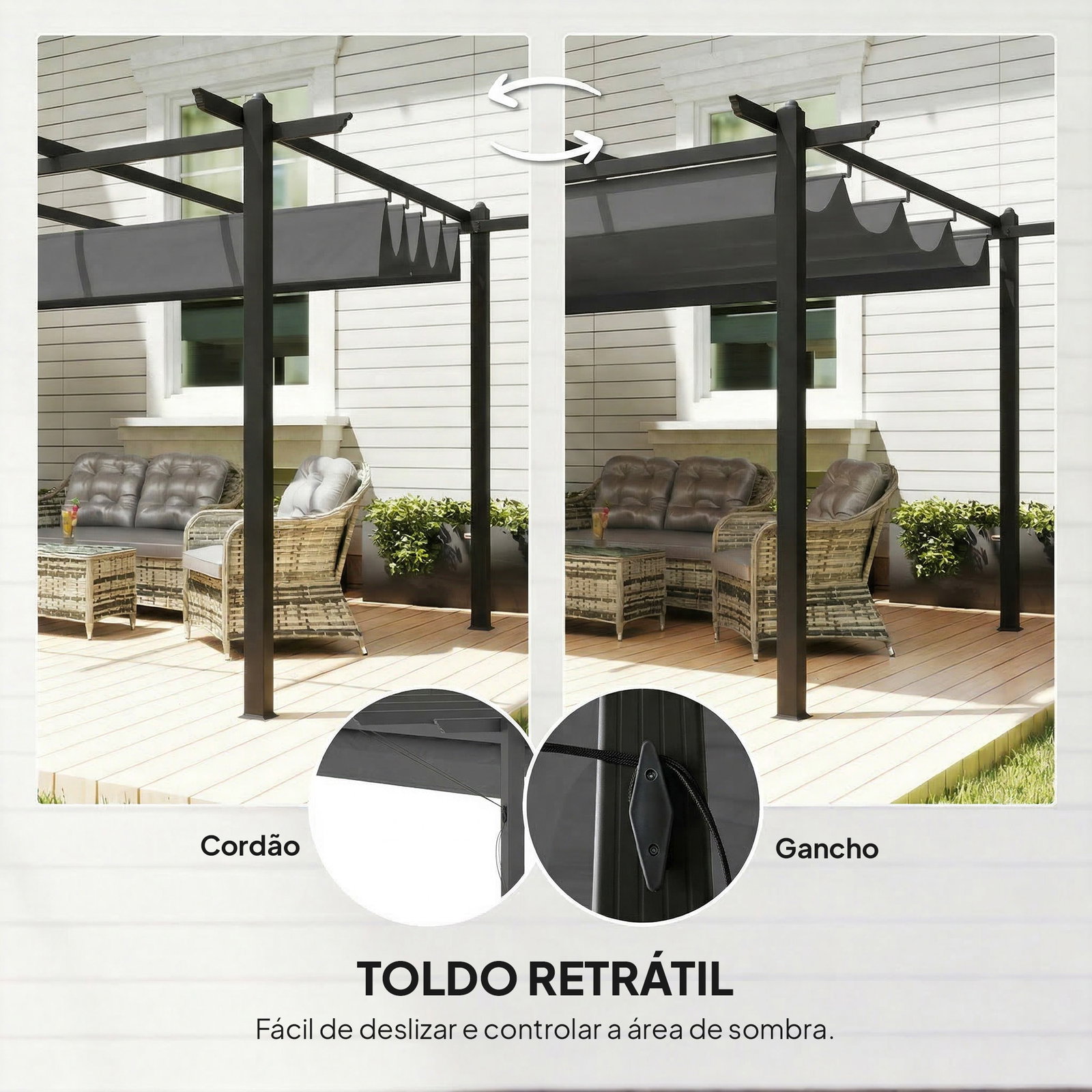 Pérgola de jardim 4x3 m com telhado retrátil estrutura de alumínio upf30+ orifícios de drenagem cinza