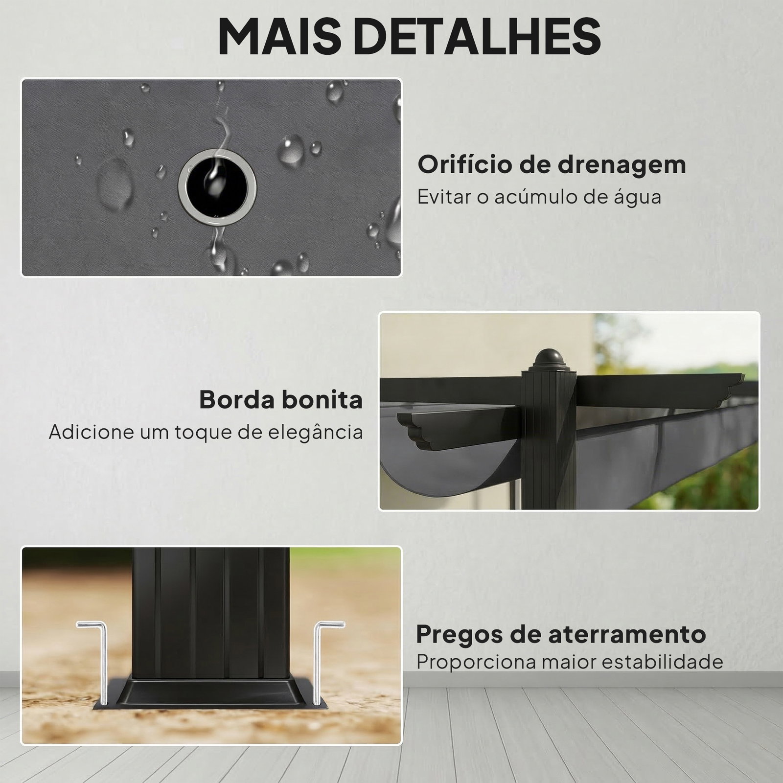 Pérgola de jardim 4x3 m com telhado retrátil estrutura de alumínio upf30+ orifícios de drenagem cinza