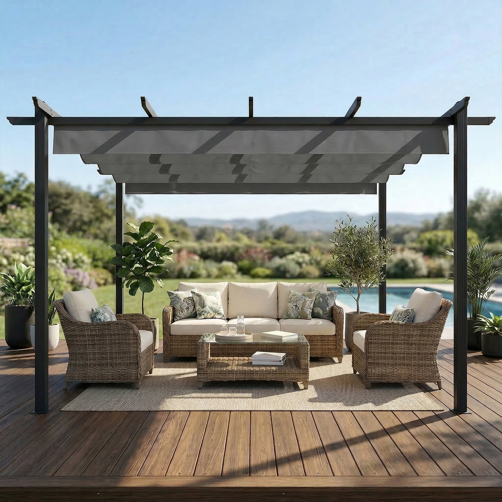 Pérgola de jardim 4x3 m com telhado retrátil estrutura de alumínio upf30+ orifícios de drenagem cinza