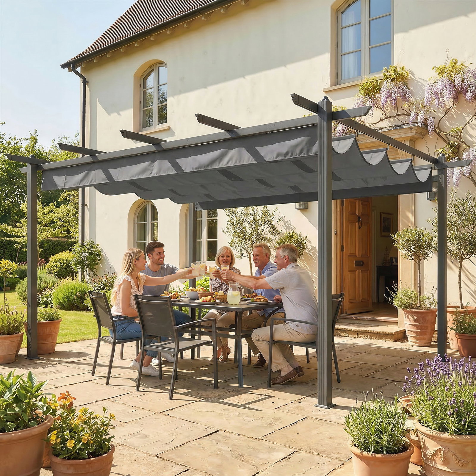 Pérgola de jardim 4x3 m com telhado retrátil estrutura de alumínio upf30+ orifícios de drenagem cinza