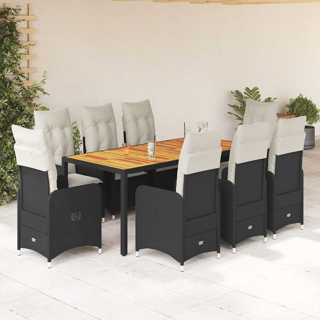 9 Pcs conjunto de bistrô p/ jardim c/ almofadões vime PE preto