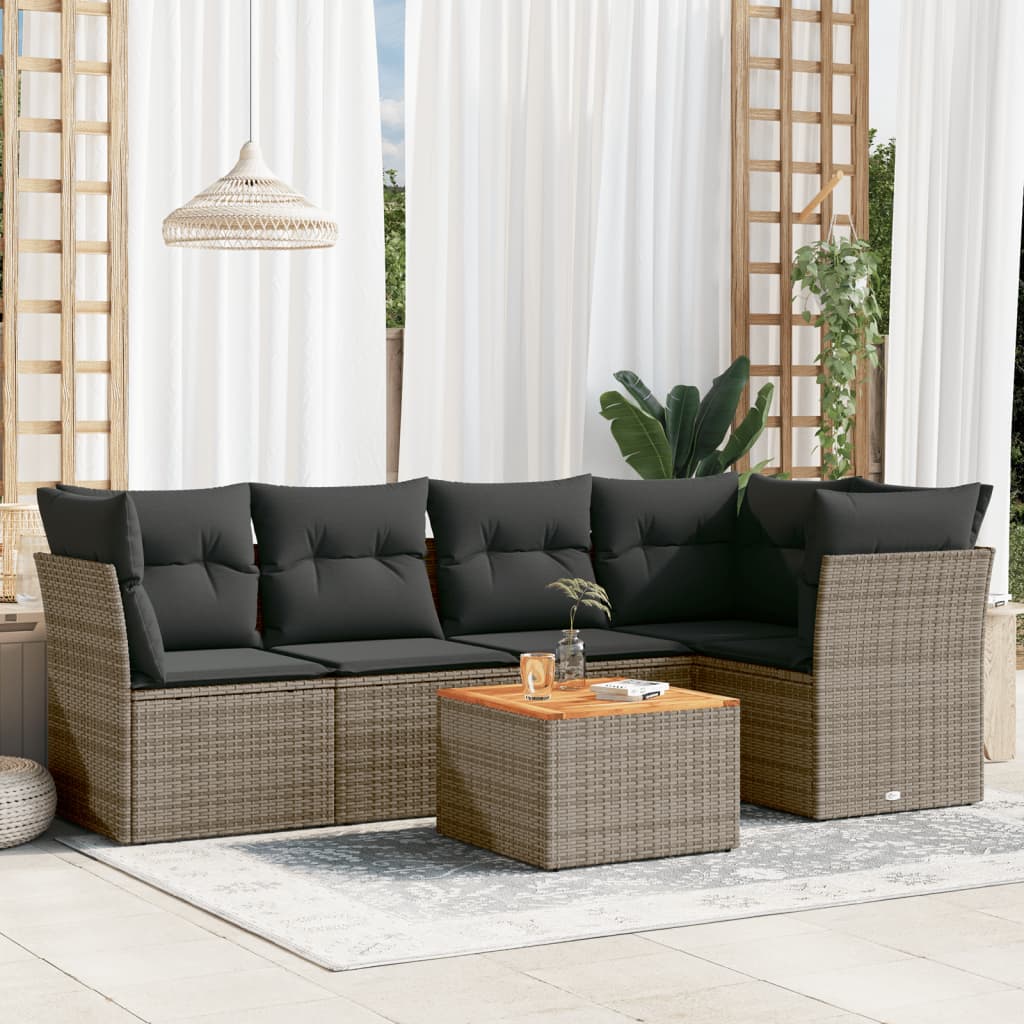6 Pcs conjunto sofás de jardim com almofadões vime cinzento