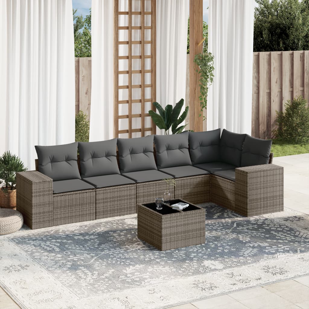 7 Pcs conjunto sofás p/ jardim c/ almofadões vime PE cinzento