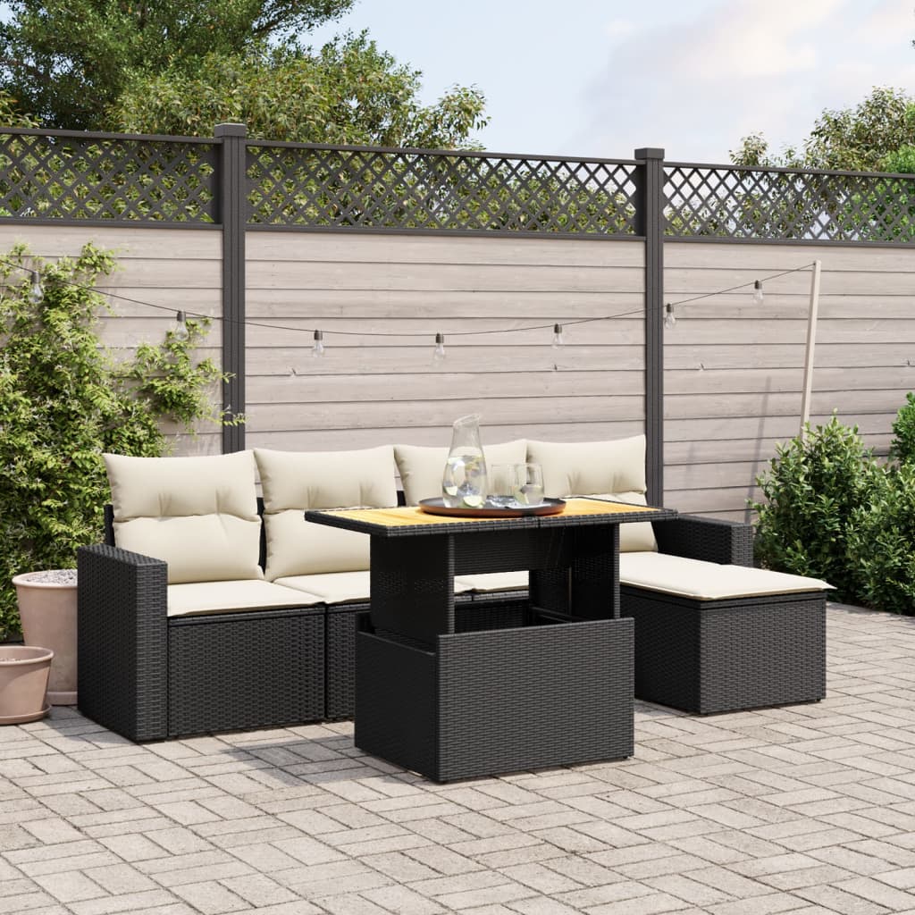 6 Pcs conjunto sofás de jardim c/ almofadões vime PE preto