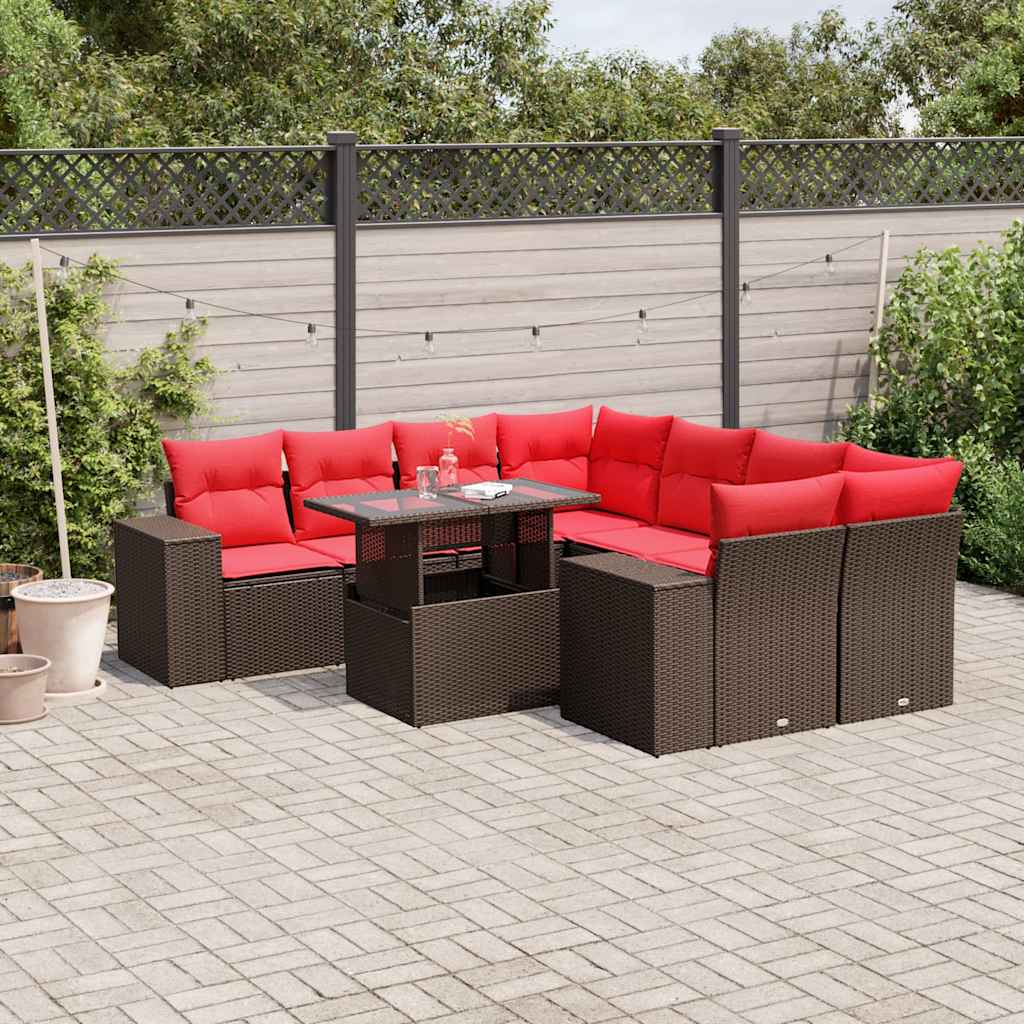 Conjunto de sofá de jardim com 9 peças e almofadas em rattan sintético marrom