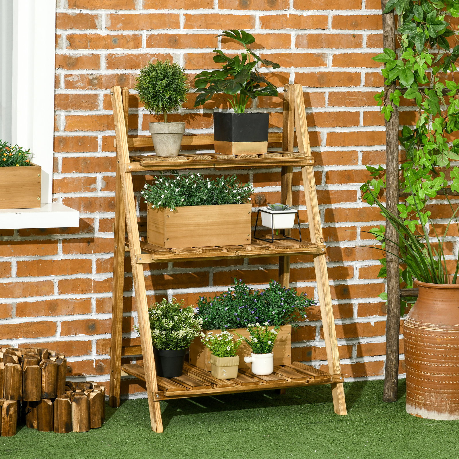 Suporte para plantas de 3 níveis dobrável para interior e exterior 60x37x93 cm madeira