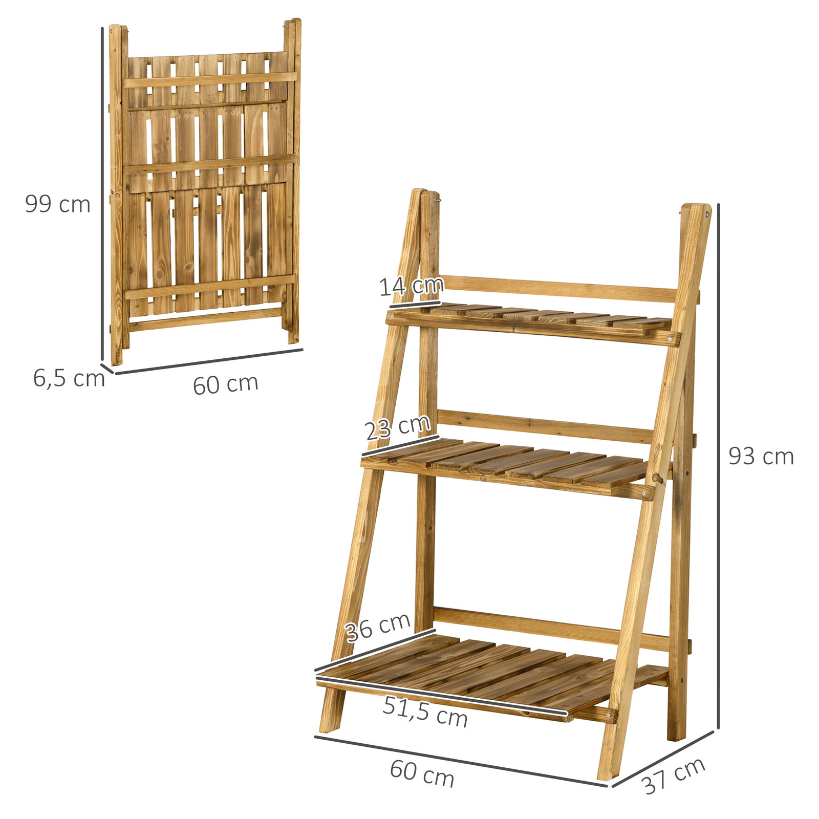 Suporte para plantas de 3 níveis dobrável para interior e exterior 60x37x93 cm madeira