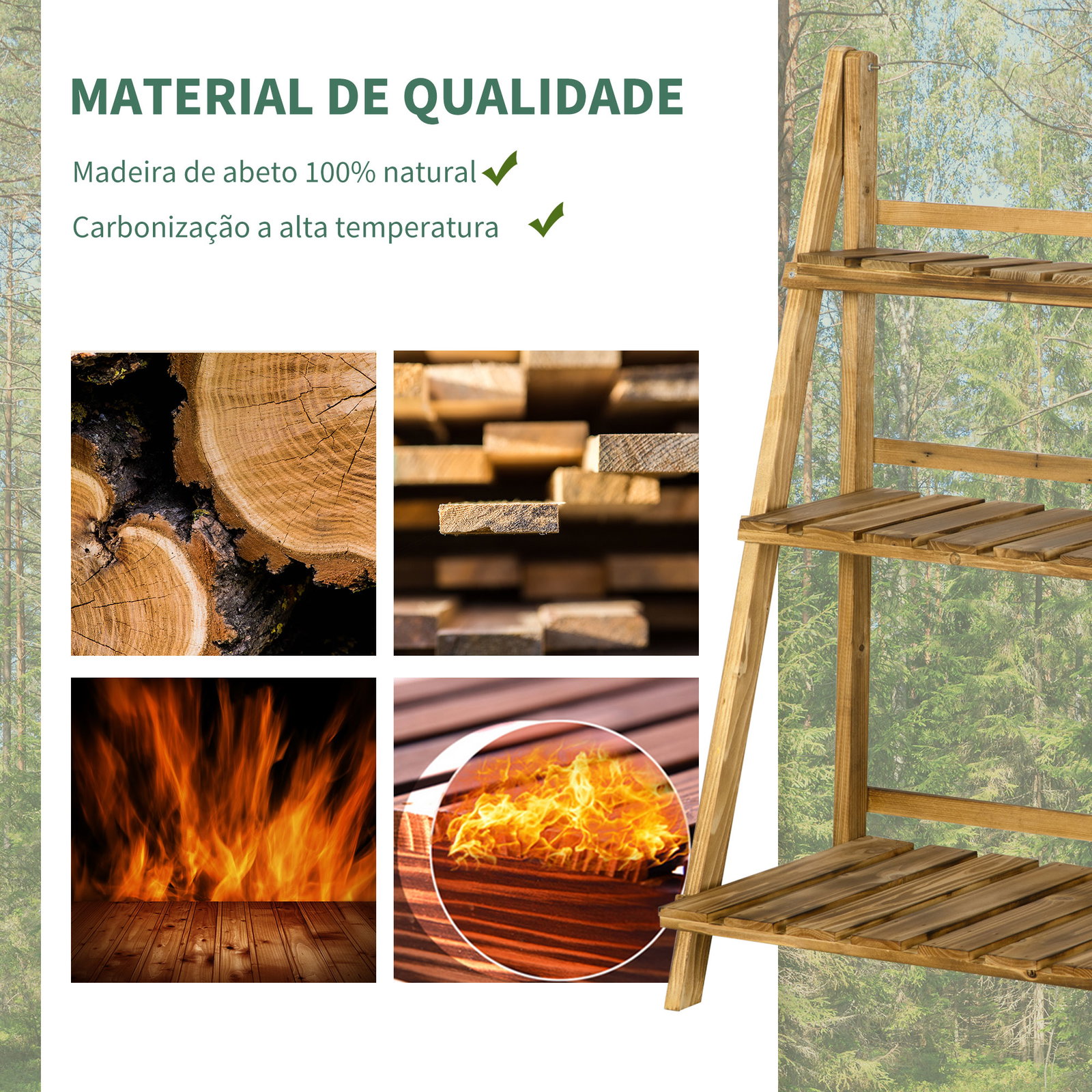 Suporte para plantas de 3 níveis dobrável para interior e exterior 60x37x93 cm madeira