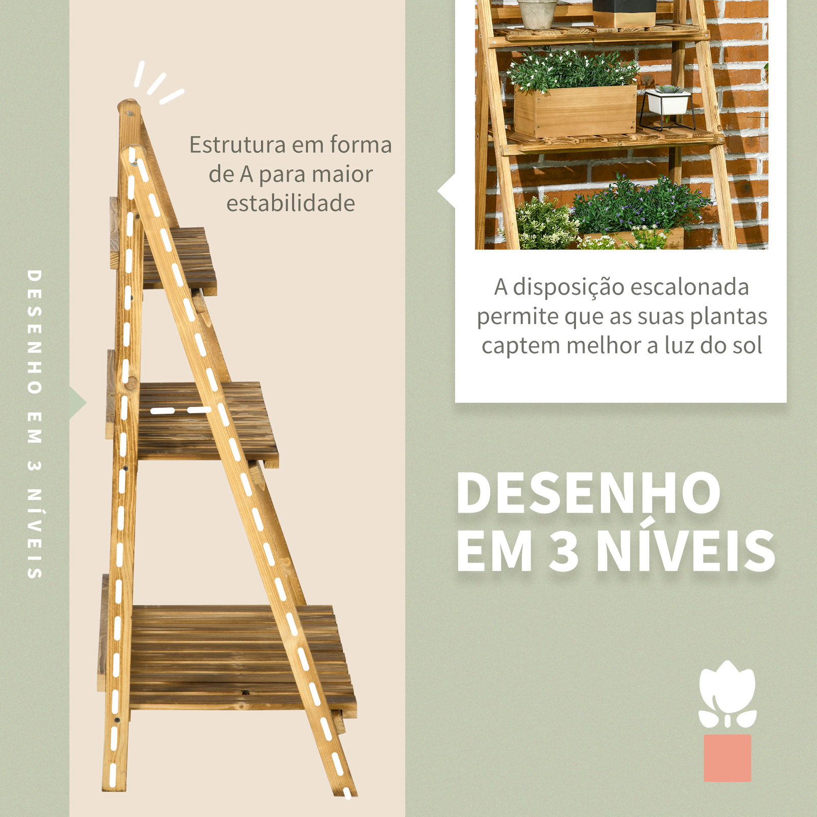 Suporte para plantas de 3 níveis dobrável para interior e exterior 60x37x93 cm madeira