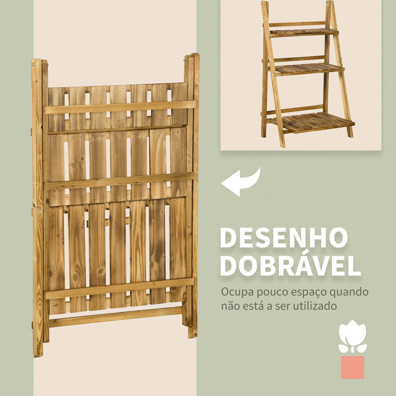 Suporte para plantas de 3 níveis dobrável para interior e exterior 60x37x93 cm madeira