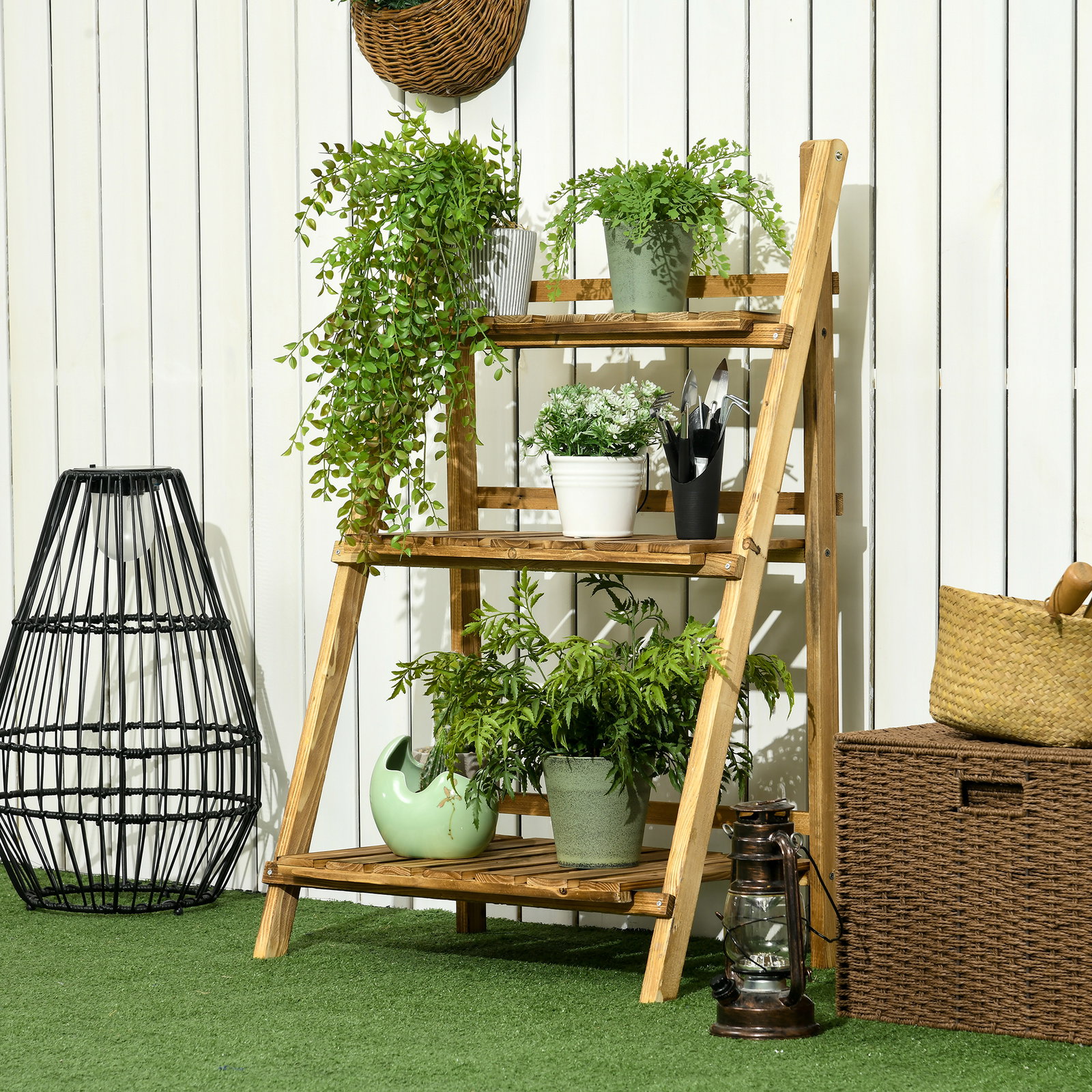 Suporte para plantas de 3 níveis dobrável para interior e exterior 60x37x93 cm madeira