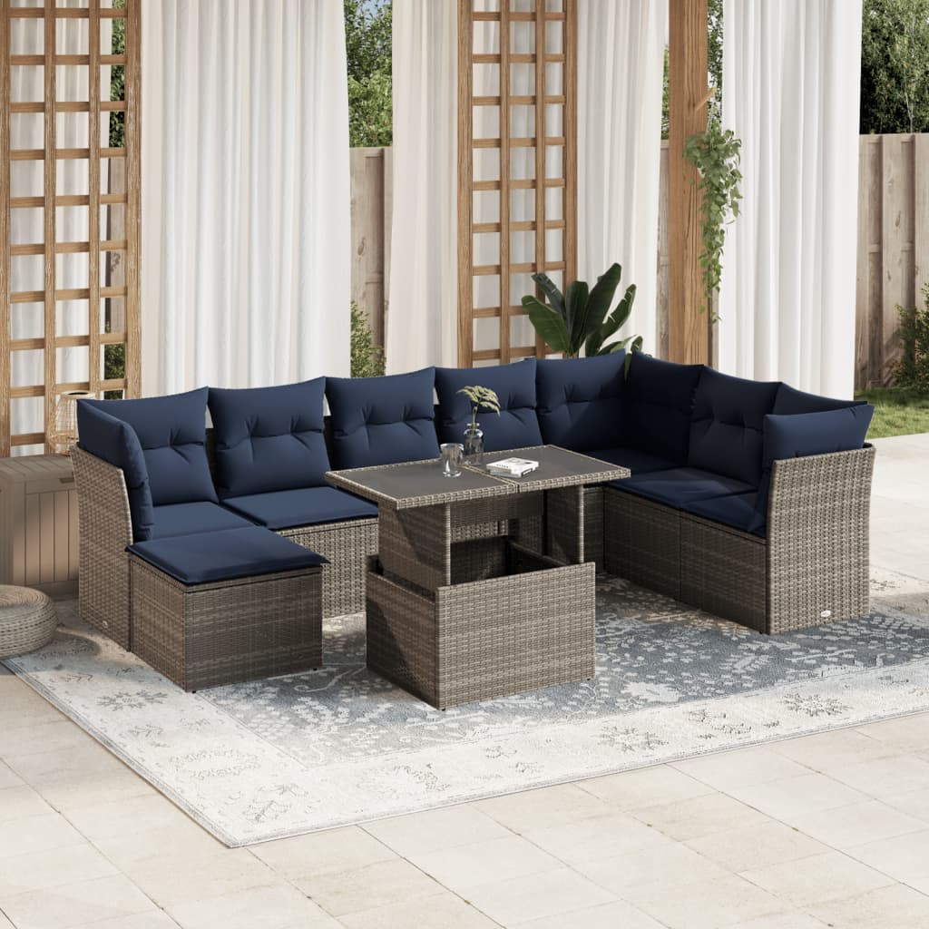 Conjunto de sofá de jardim de 9 peças com almofadas em rattan sintético cinza