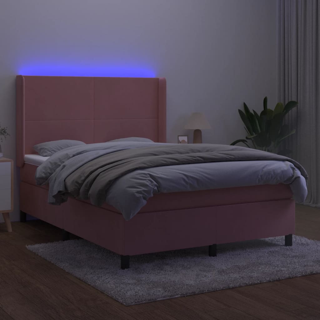 Cama box spring c/ colchão/LED 140x190 cm veludo rosa