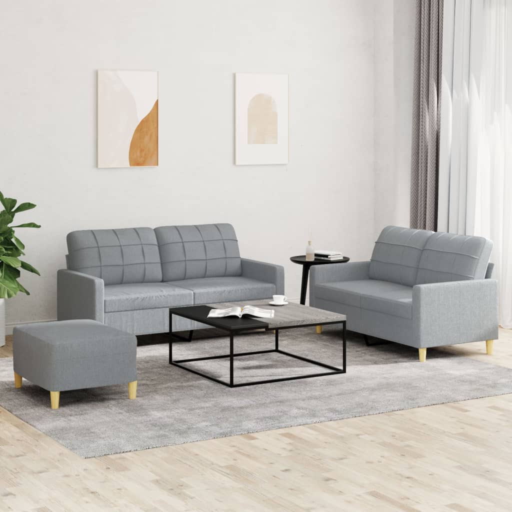 3 Pcs conjunto de sofás com almofadões tecido cinzento-claro