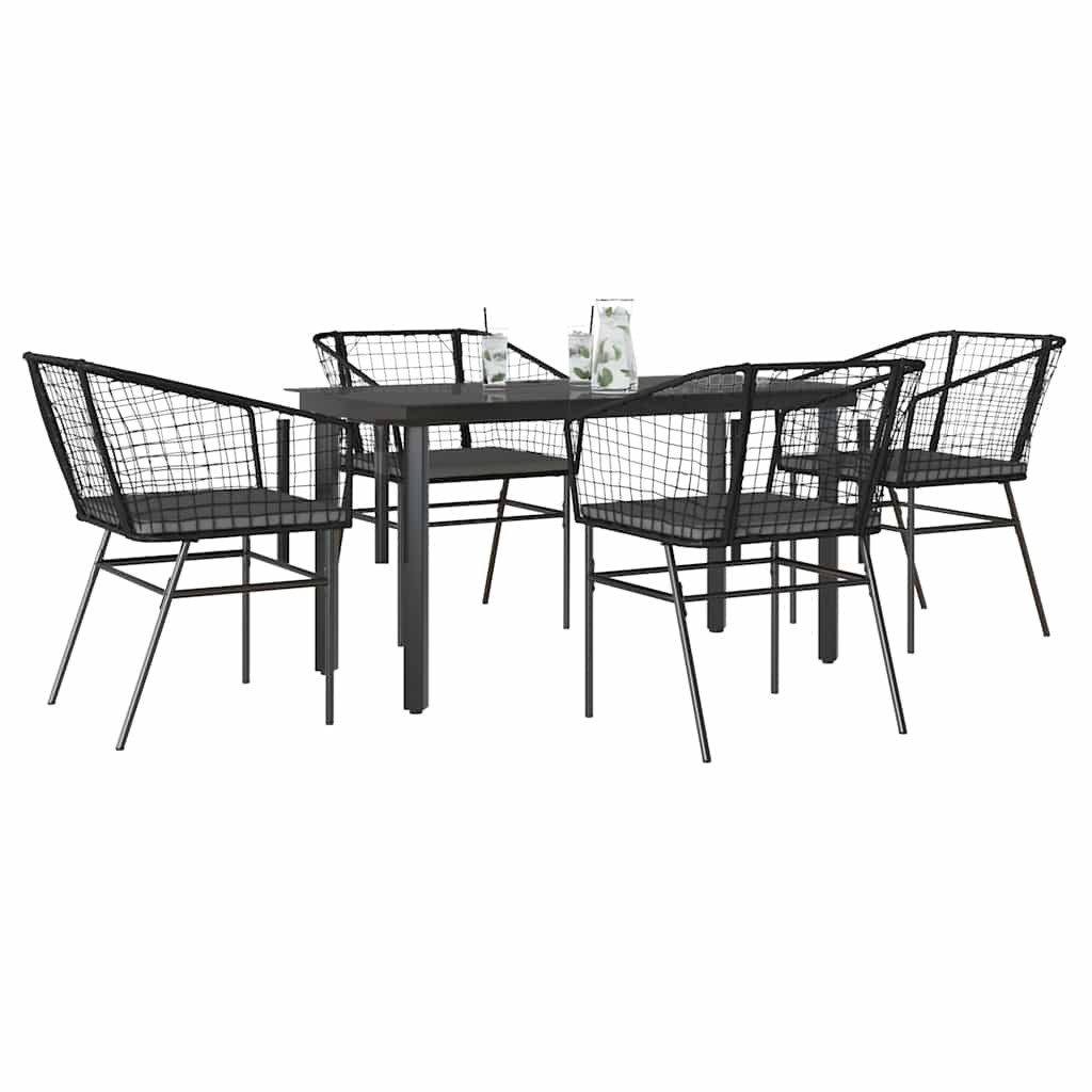 Conjunto de jantar jardim 5 peças almofadas vidro vime PE preto