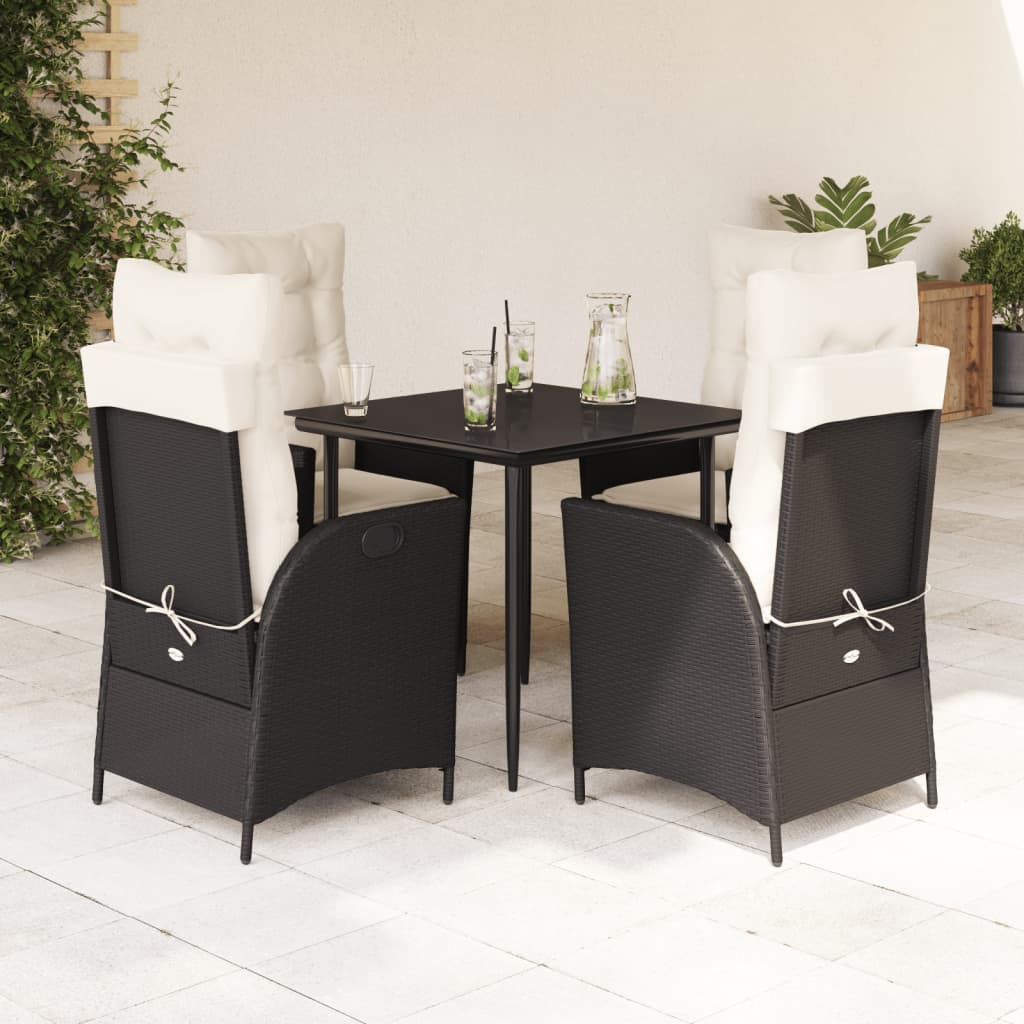 5 Pcs conjunto de jantar p/ jardim c/ almofadões vime PE preto