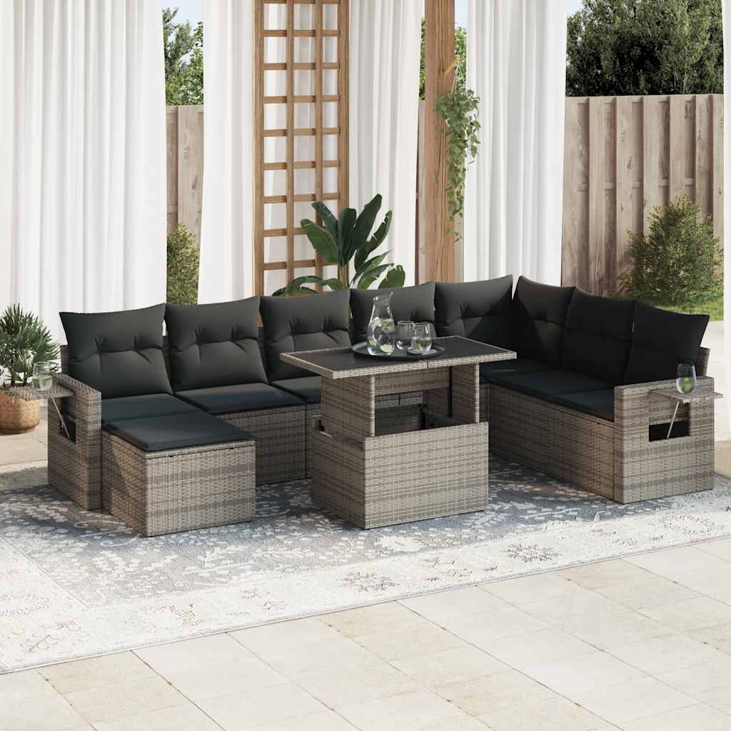 9 Pcs conjunto sofás p/ jardim com almofadões vime PE cinzento