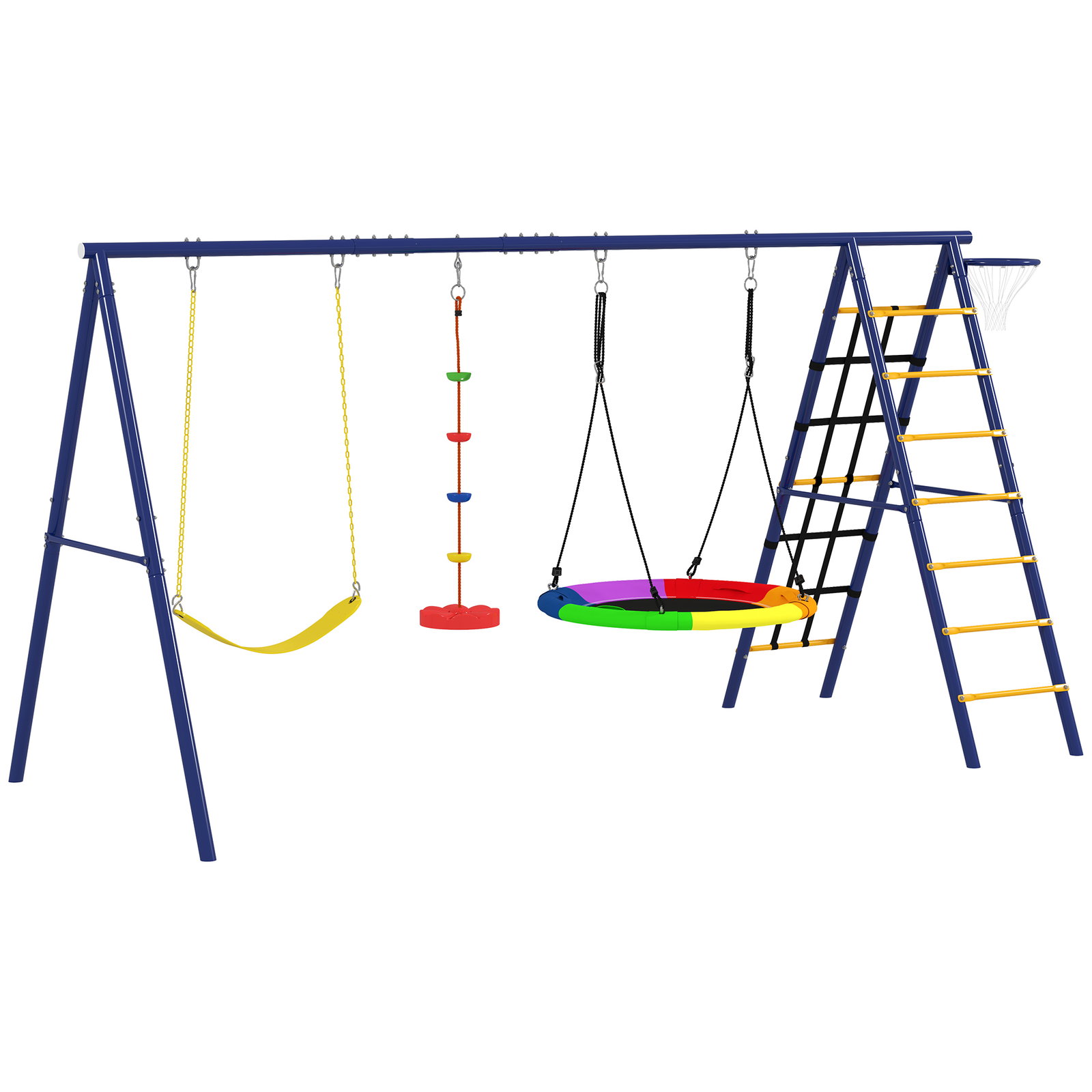 Conjunto de baloiços 6 em 1 para crianças com ninho escada rede de escalada cesto 350x183x200 cm multicolor