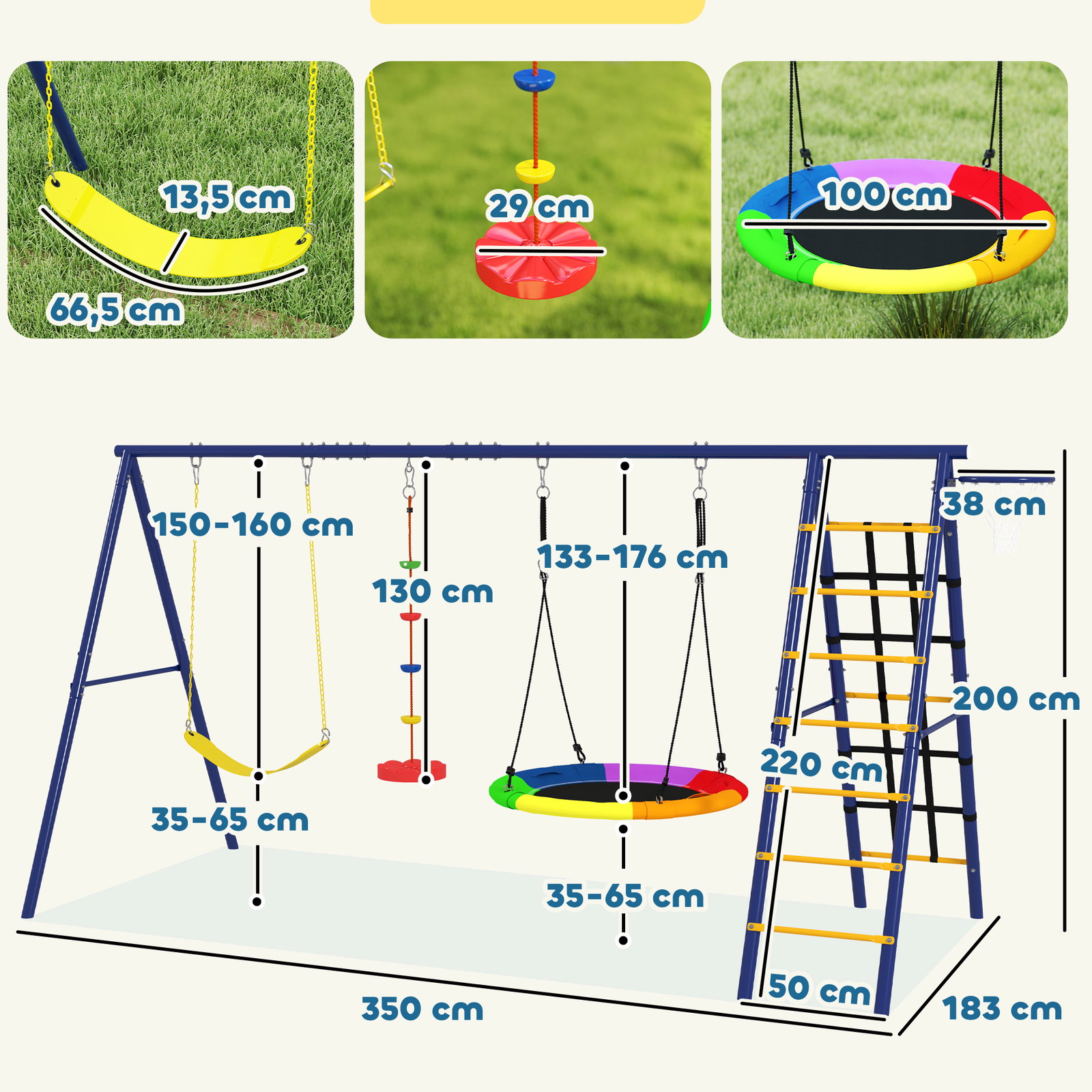 Conjunto de baloiços 6 em 1 para crianças com ninho escada rede de escalada cesto 350x183x200 cm multicolor
