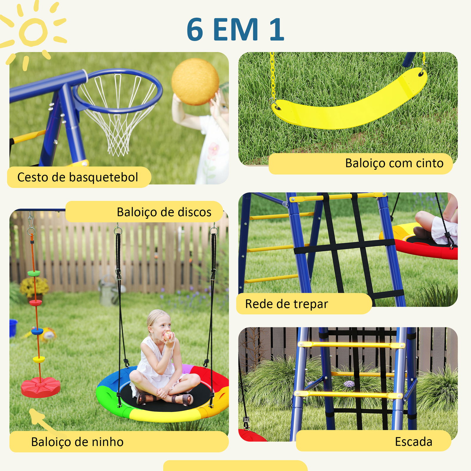 Conjunto de baloiços 6 em 1 para crianças com ninho escada rede de escalada cesto 350x183x200 cm multicolor