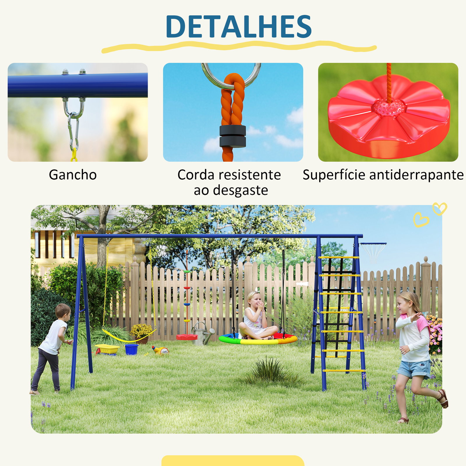 Conjunto de baloiços 6 em 1 para crianças com ninho escada rede de escalada cesto 350x183x200 cm multicolor