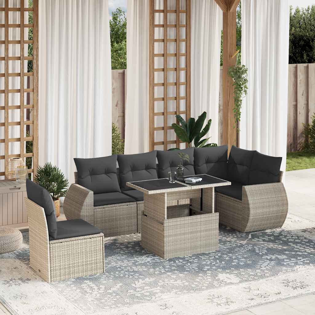 7 Pcs conj. sofás jardim com almofadões vime PE cinzento-claro
