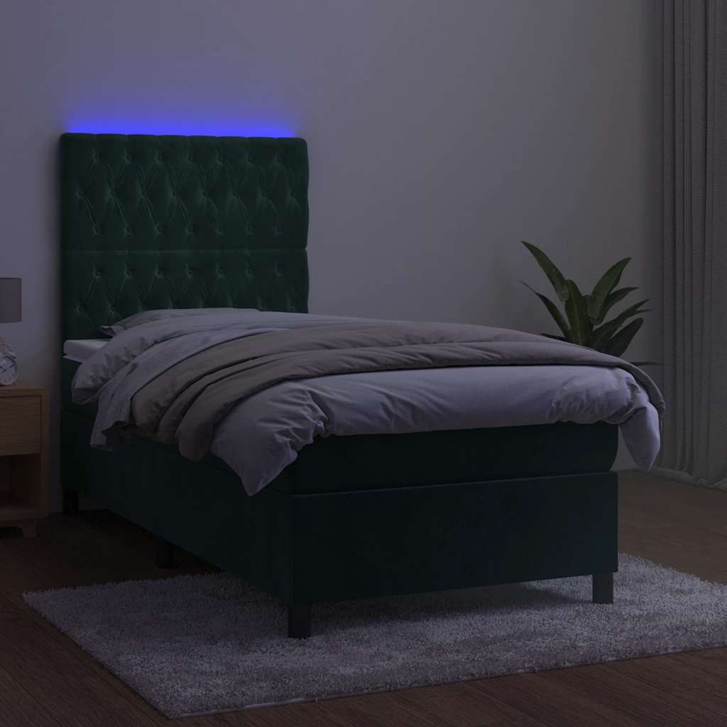 Cama box spring c/ colchão/LED 100x200 cm veludo verde-escuro