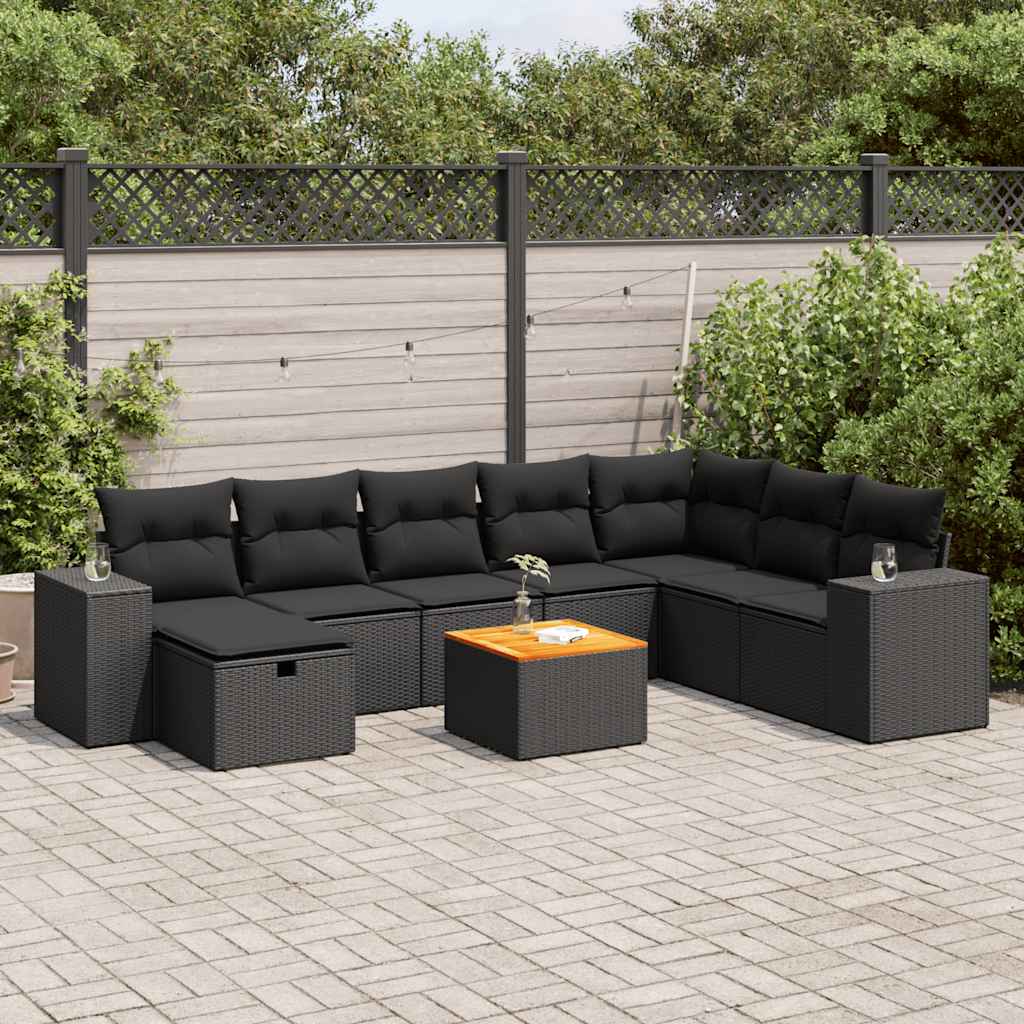 9 Pcs conjunto de sofás p/ jardim c/ almofadões vime PE preto