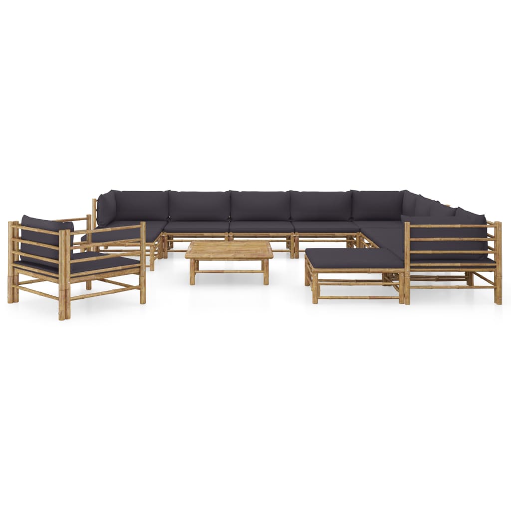 12 Pcs conj. lounge jardim em bambu c/ almofadões cinza-escuro