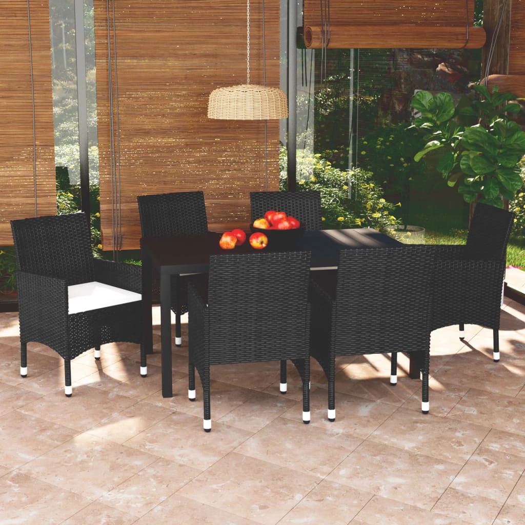 7 Pcs conjunto de jantar p/ jardim c/ almofadões vime PE preto