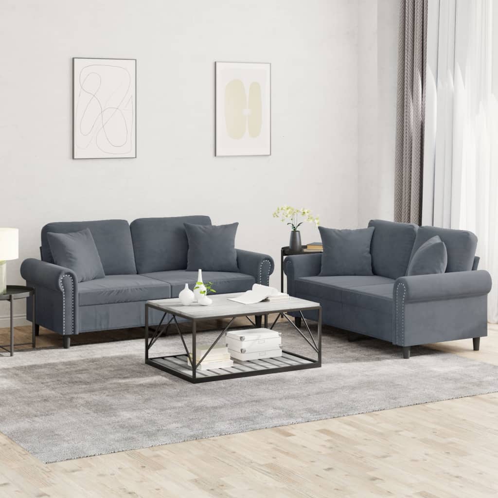 2 Pcs conjunto de sofás com almofadas veludo cinzento-escuro
