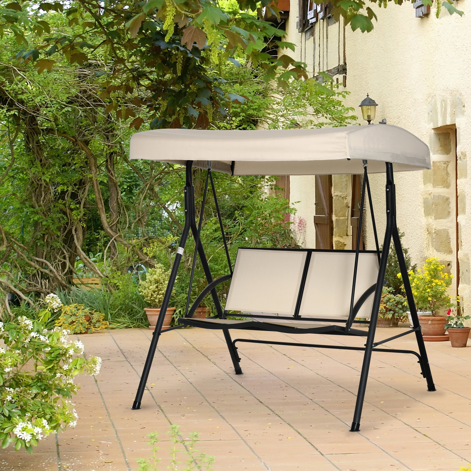 Baloiço de jardim exterior de 2 lugares com toldo ajustável e estrutura em aço assentos textilene 140x118x162 cm bege