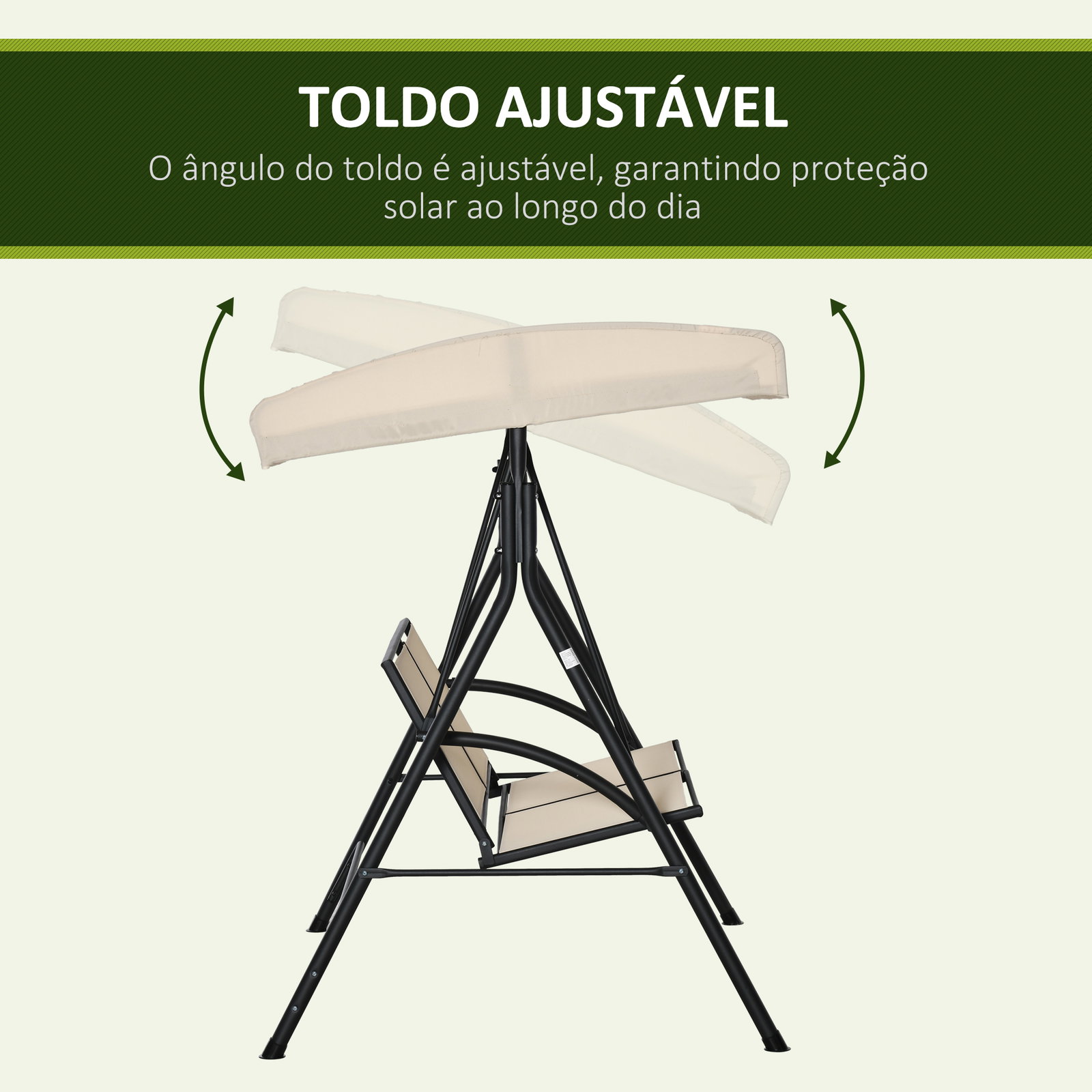 Baloiço de jardim exterior de 2 lugares com toldo ajustável e estrutura em aço assentos textilene 140x118x162 cm bege