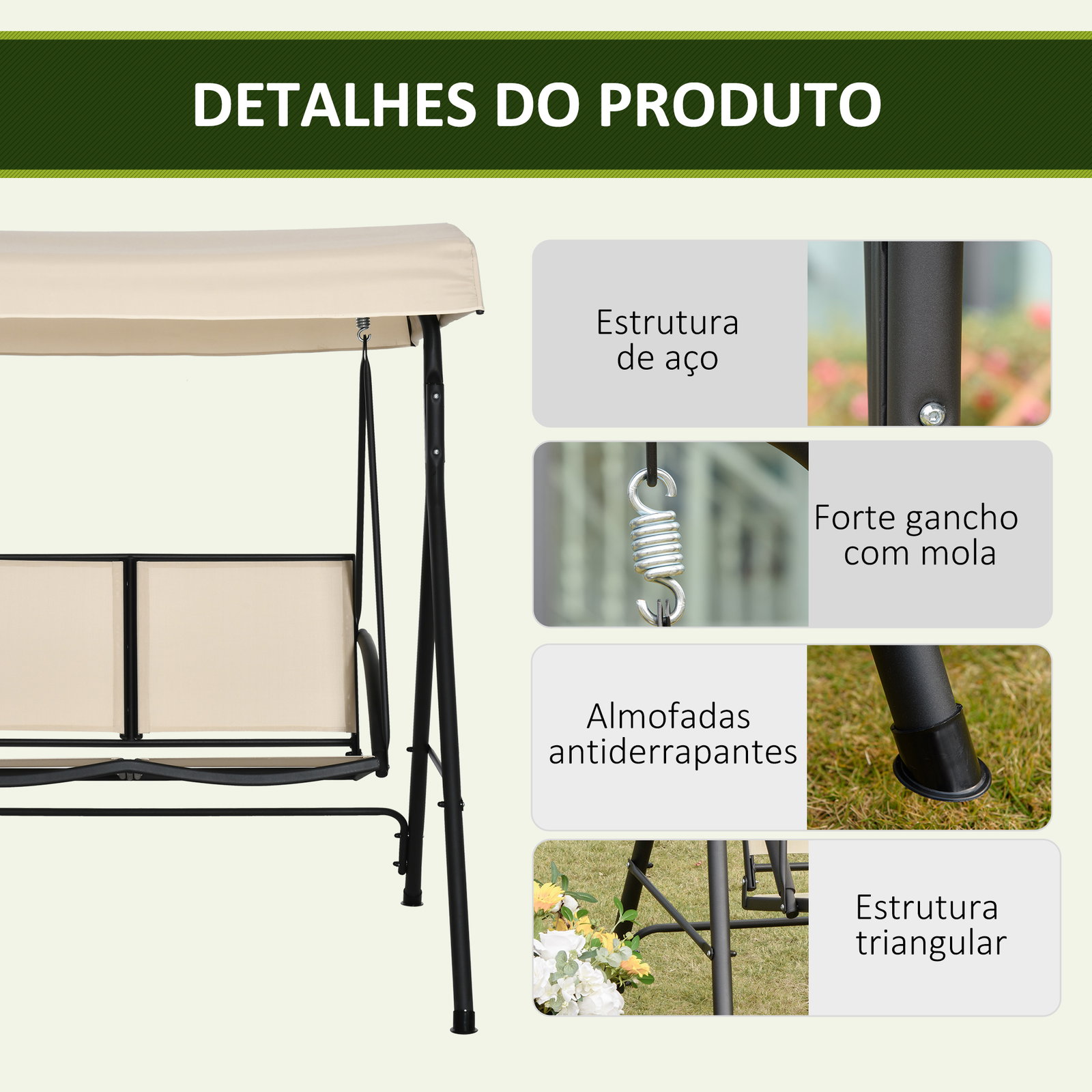 Baloiço de jardim exterior de 2 lugares com toldo ajustável e estrutura em aço assentos textilene 140x118x162 cm bege