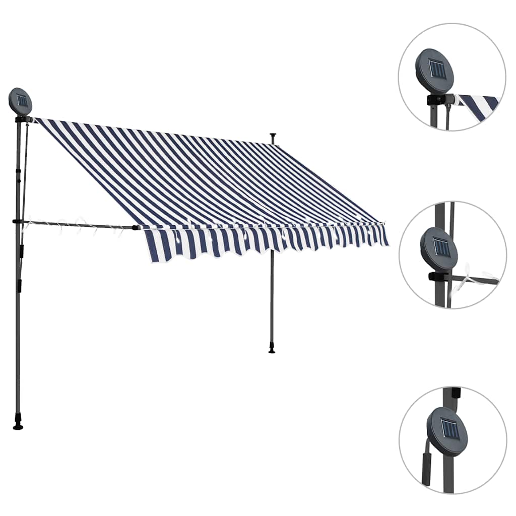 Toldo retrátil manual com LED 250 cm azul e branco