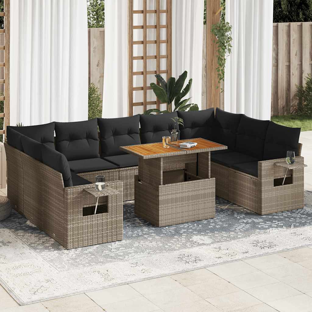 10 Pcs conjunto sofás de jardim c/ almofadões vime PE cinzento