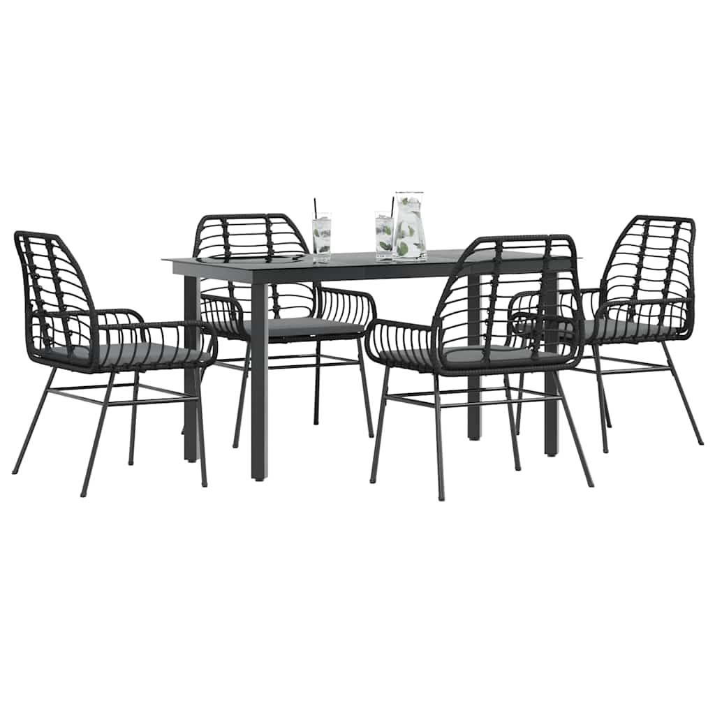 Conjunto de jantar jardim 5 peças almofadas vidro vime PE preto