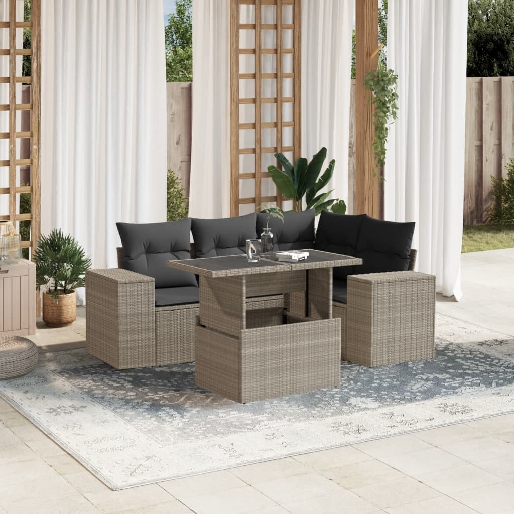 5 Pcs conj. sofás jardim c/ almofadões vime PE cinzento-claro