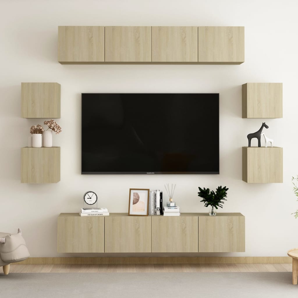 8Pcs conjunto móveis de TV derivados de madeira carvalho sonoma