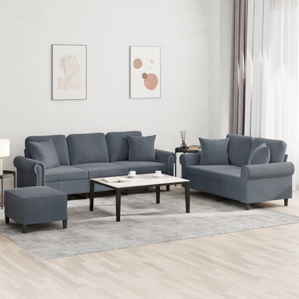 3 Pcs conjunto de sofás com almofadas veludo cinzento-escuro