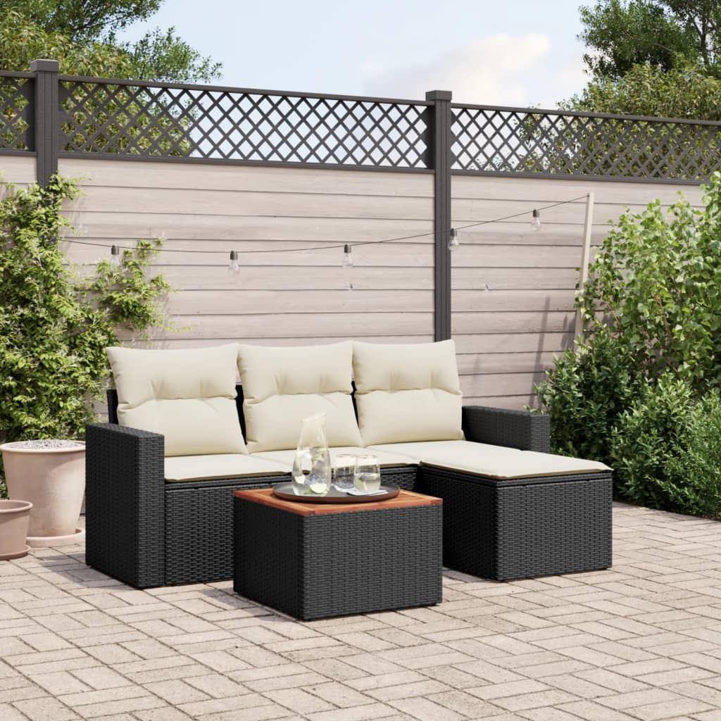 5 Pcs conjunto sofás de jardim com almofadões vime PE preto