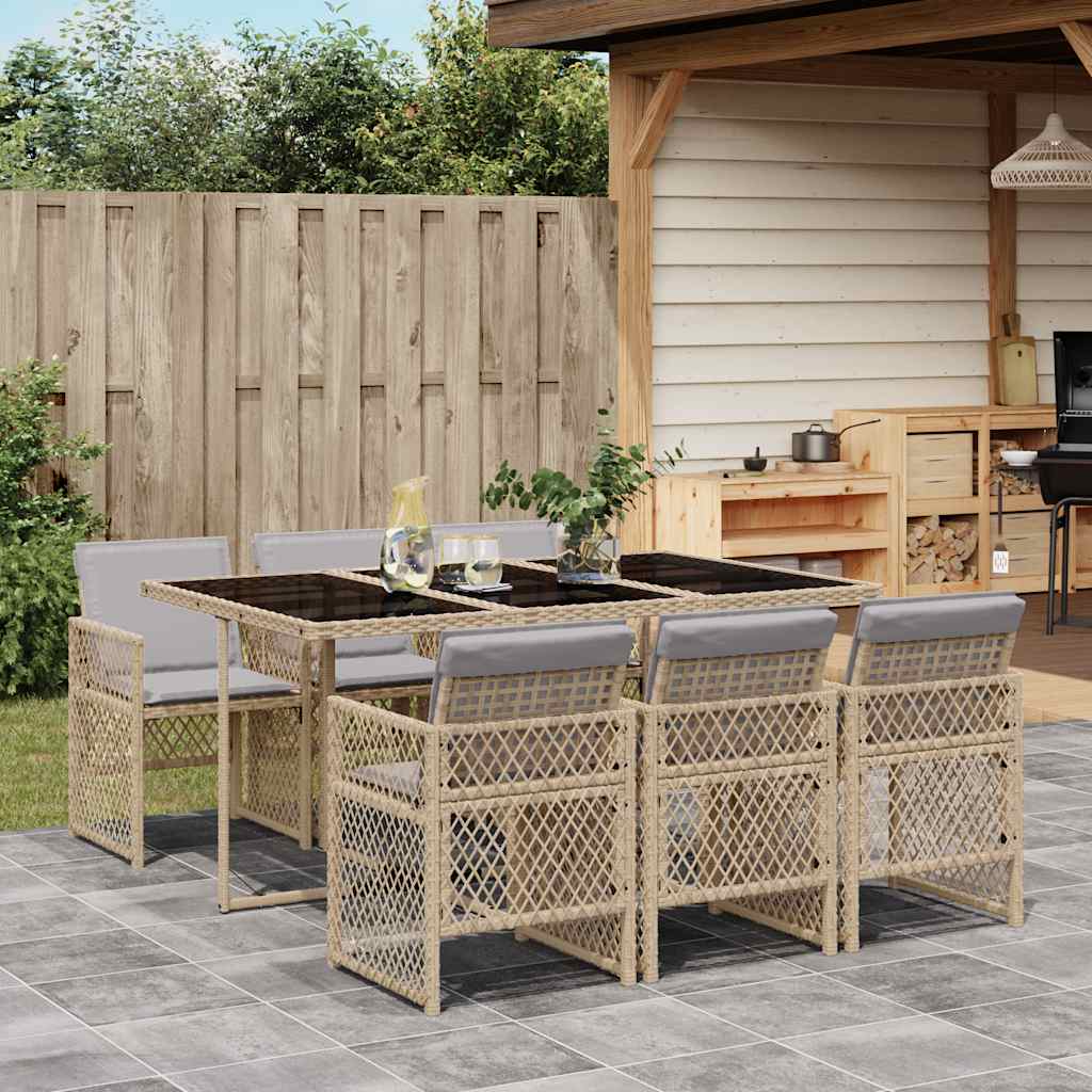 7 Pcs conjunto de jantar p/ jardim com almofadões vime PE bege