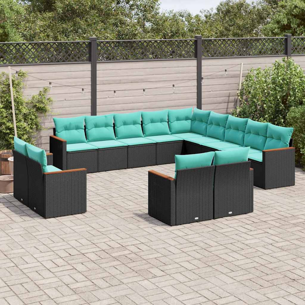 Conjunto de sofá de jardim com 13 peças e almofadas em rattan sintético preto